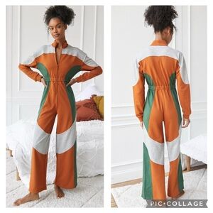 UO Out From Under Izzy Moto Rusty Orange Mult Colorblock Jumpsuit Size Small